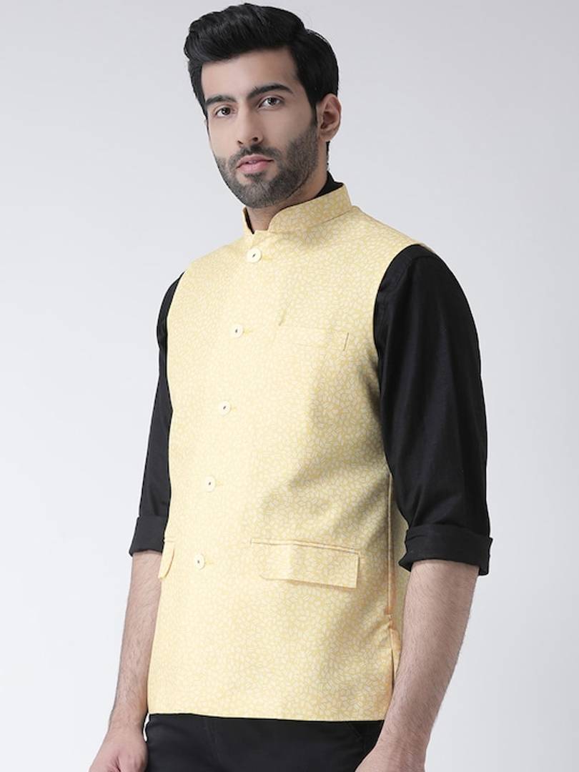 Men's Yellow 
Cotton Blend
 Printed Nehru Jackets